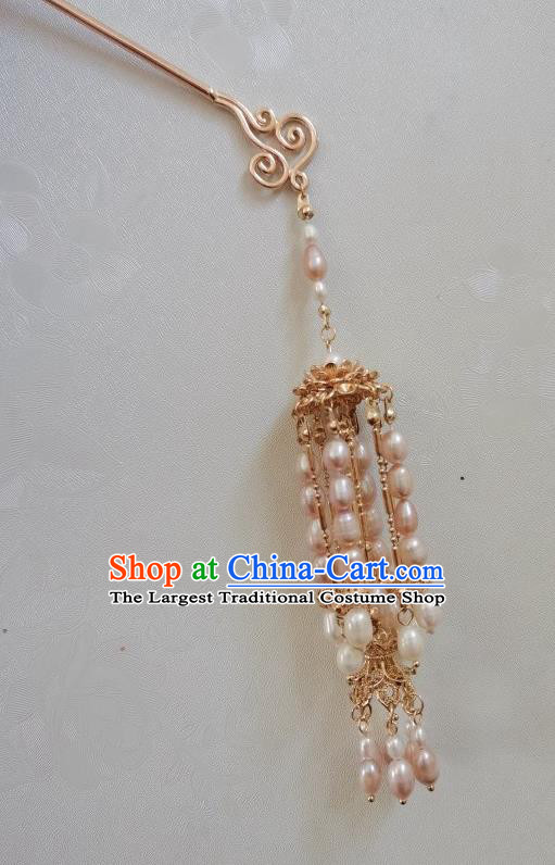 China Ancient Court Woman Golden Lotus Hair Accessories Traditional Tang Dynasty Empress Pearls Tassel Hairpin