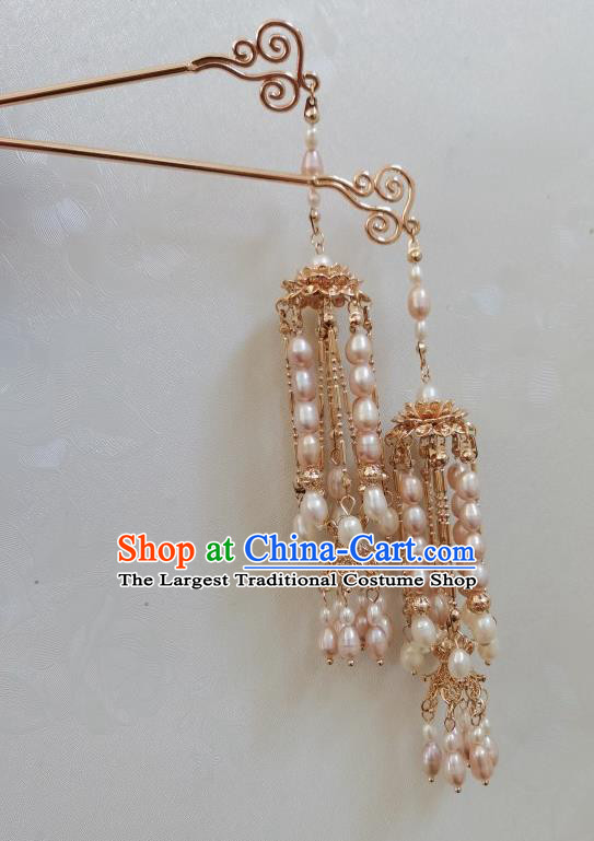 China Ancient Court Woman Golden Lotus Hair Accessories Traditional Tang Dynasty Empress Pearls Tassel Hairpin