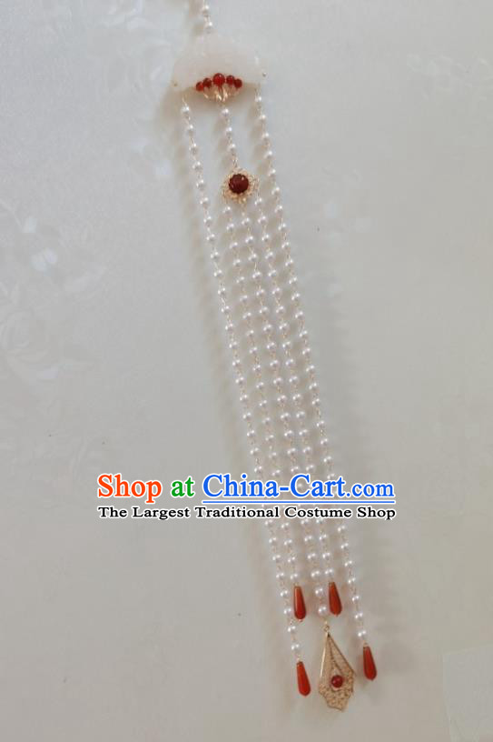 Handmade Chinese Traditional Qing Dynasty Empress Jade Pendant Accessories Ancient Imperial Concubine Pearls Tassel Brooch