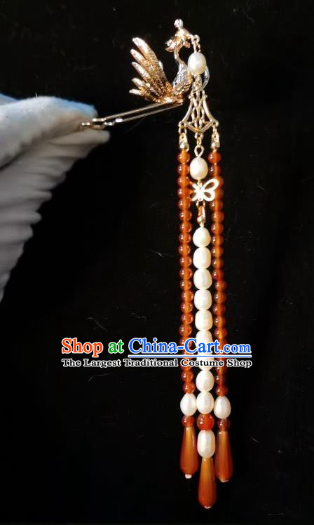 China Traditional Hanfu Golden Phoenix Hairpin Ancient Court Lady Hair Accessories Ming Dynasty Empress Red Beads Tassel Hair Stick