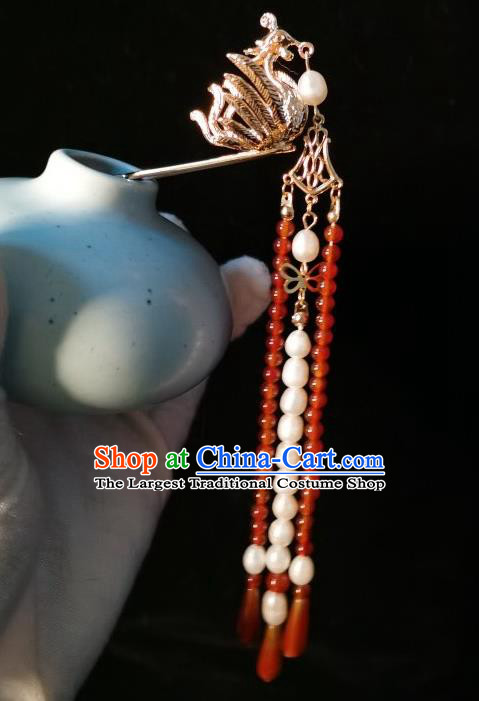China Traditional Hanfu Golden Phoenix Hairpin Ancient Court Lady Hair Accessories Ming Dynasty Empress Red Beads Tassel Hair Stick