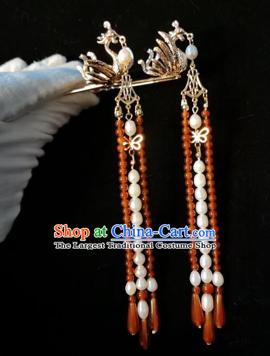 China Traditional Hanfu Golden Phoenix Hairpin Ancient Court Lady Hair Accessories Ming Dynasty Empress Red Beads Tassel Hair Stick
