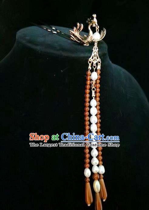 China Traditional Hanfu Golden Phoenix Hairpin Ancient Court Lady Hair Accessories Ming Dynasty Empress Red Beads Tassel Hair Stick