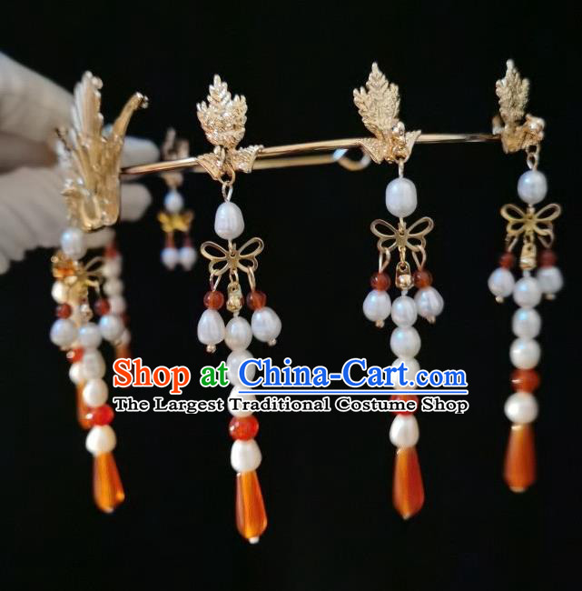 China Ming Dynasty Empress Tassel Hair Clasp Traditional Hanfu Golden Phoenix Hair Crown Ancient Queen Hair Accessories