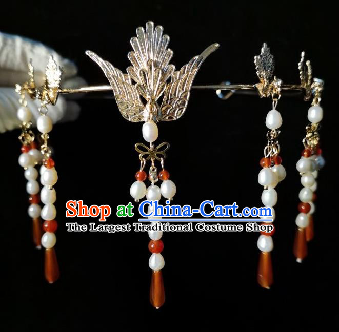 China Ming Dynasty Empress Tassel Hair Clasp Traditional Hanfu Golden Phoenix Hair Crown Ancient Queen Hair Accessories