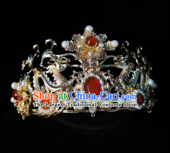 China Traditional Hanfu Tassel Hair Crown Ancient Court Woman Hair Accessories Ming Dynasty Empress Golden Dragon Hair Clasp