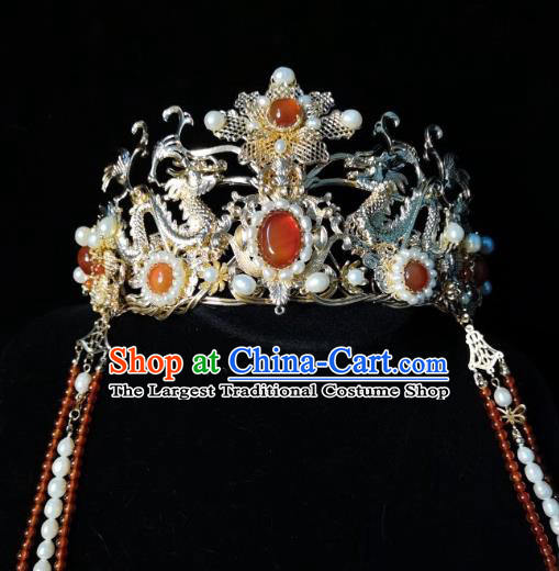 China Traditional Hanfu Tassel Hair Crown Ancient Court Woman Hair Accessories Ming Dynasty Empress Golden Dragon Hair Clasp