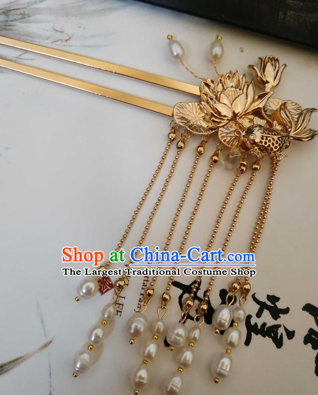 China Ancient Princess Golden Lotus Hairpin Traditional Hanfu Hair Accessories Song Dynasty Pearls Tassel Hair Stick