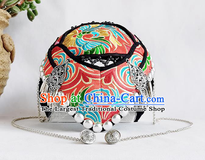 China Yunnan Minority Woman Embroidered Hair Clasp Handmade Silver Tassel Red Hat Ethnic Folk Dance Hair Accessories