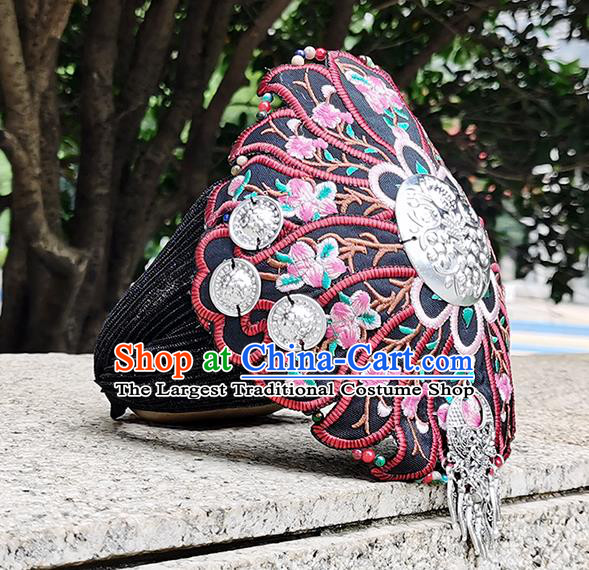 China Handmade Silver Black Headband Ethnic Folk Dance Hair Accessories Yunnan Minority Woman Embroidered Hair Clasp