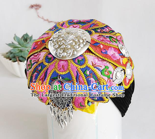 China Handmade Embroidered Pink Headband Ethnic Folk Dance Headdress Yunnan Minority Woman Silver Hair Clasp