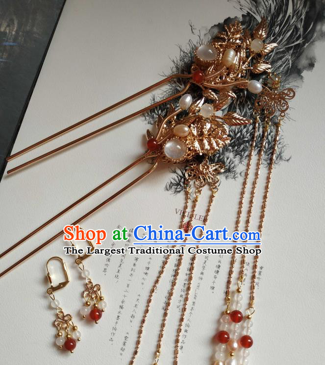 China Ancient Empress Tassel Hairpins Traditional Hanfu Hair Accessories Ming Dynasty Golden Hair Crown Complete Set