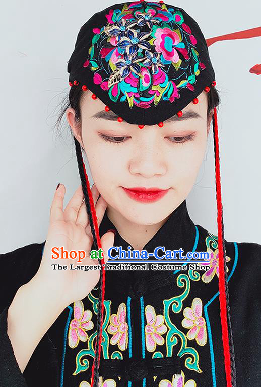 China Yunnan Minority Woman Black Hat Embroidered Hair Accessories Handmade Ethnic Folk Dance Embroidered Headband