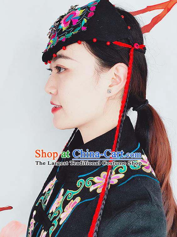 China Yunnan Minority Woman Black Hat Embroidered Hair Accessories Handmade Ethnic Folk Dance Embroidered Headband