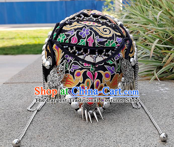 China Handmade Ethnic Folk Dance Headband Yunnan Minority Woman Black Embroidered Hat Silver Tassel Hair Accessories