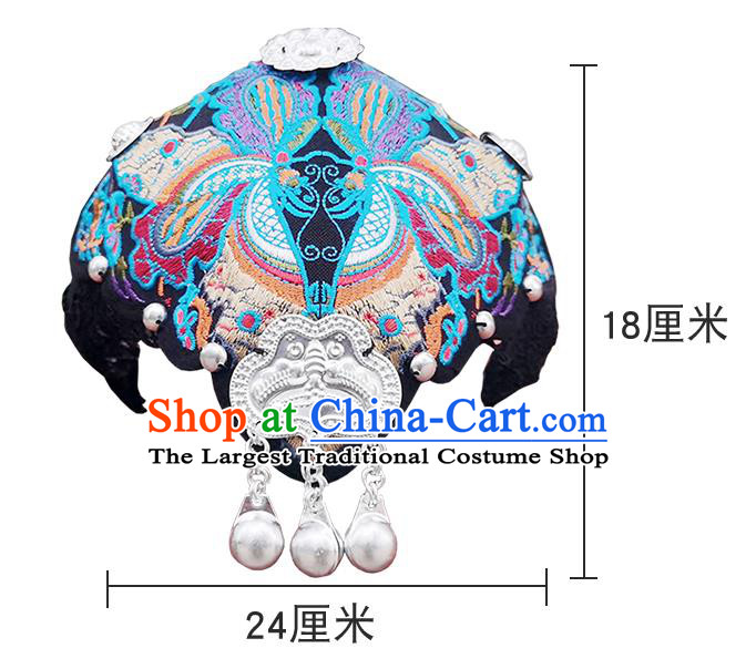 China Silver Tassel Hair Accessories Handmade Ethnic Folk Dance Headband Yunnan Minority Woman Embroidered Butterfly Hat