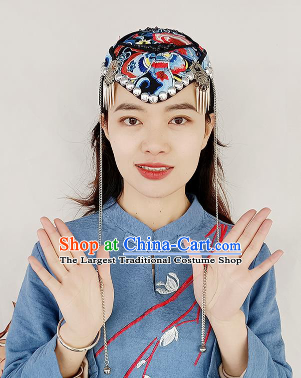China Yunnan Minority Woman Embroidered Hat Silver Tassel Hair Accessories Handmade Ethnic Folk Dance Headband