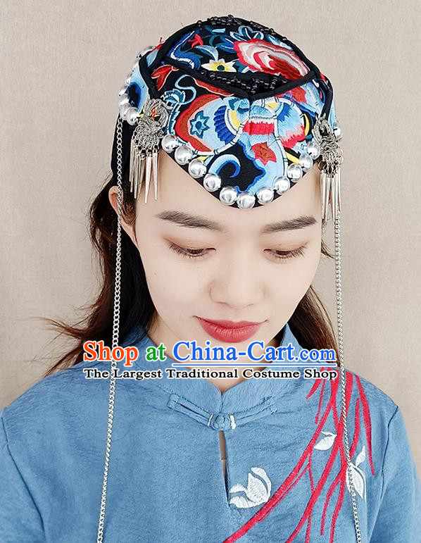 China Yunnan Minority Woman Embroidered Hat Silver Tassel Hair Accessories Handmade Ethnic Folk Dance Headband