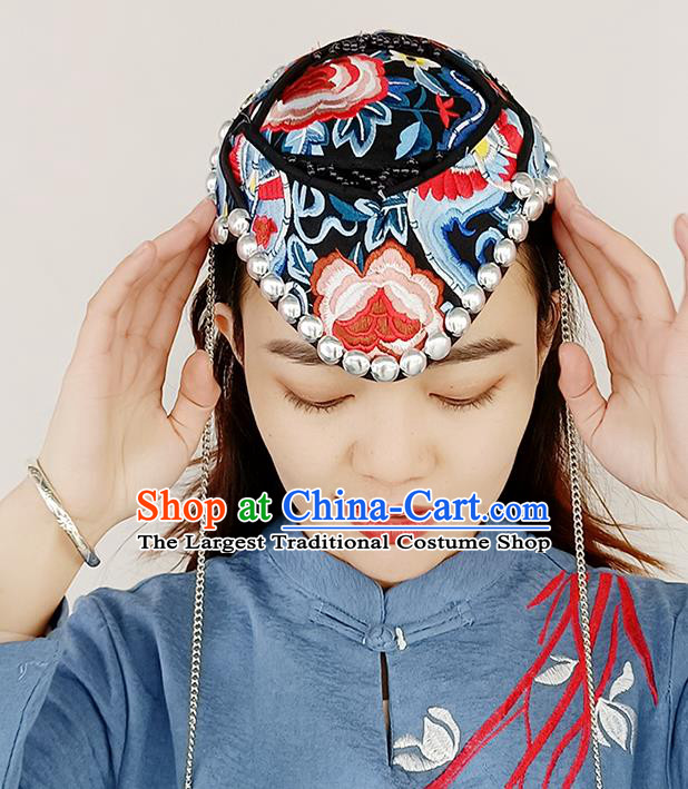 China Yunnan Minority Woman Embroidered Hat Ethnic Folk Dance Hair Accessories Handmade Silver Tassel Headband