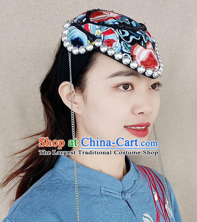 China Yunnan Minority Woman Embroidered Hat Ethnic Folk Dance Hair Accessories Handmade Silver Tassel Headband