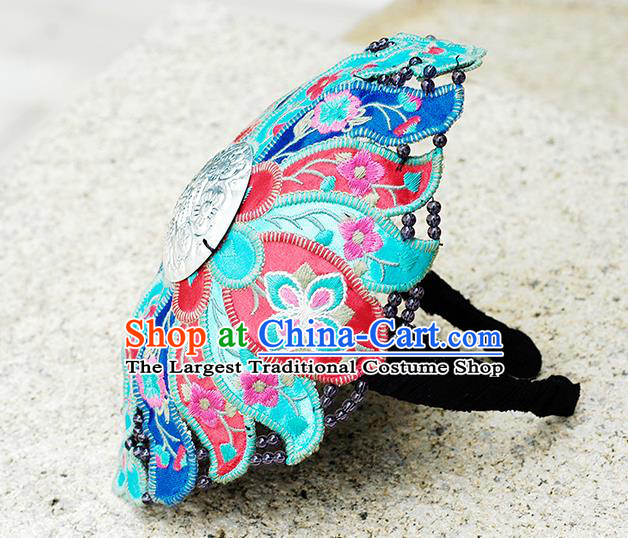 China Yunnan Minority Embroidered Blue Hair Clasp Ethnic Woman Headwear Handmade Folk Dance Headband