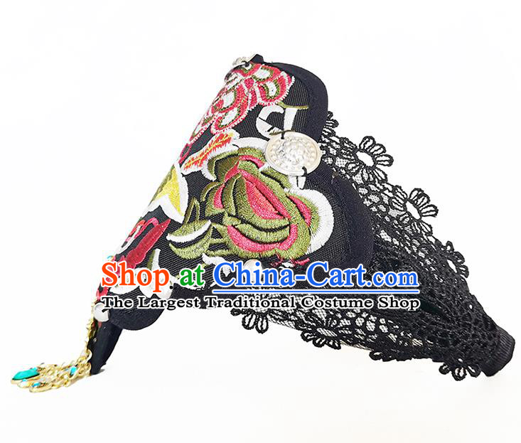China Handmade Black Cloth Headband Yunnan Minority Woman Embroidered Hair Clasp Ethnic Peacock Dance Hair Accessories