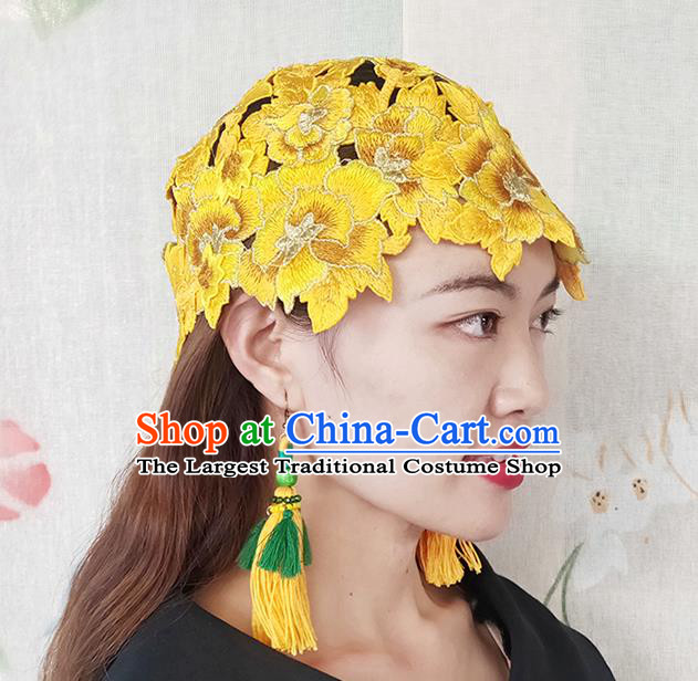 China Handmade Ethnic Folk Dance Headband Yunnan Minority Hair Clasp National Woman Embroidered Yellow Flowers Hat