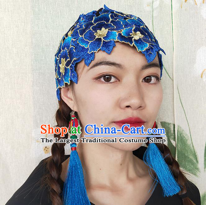 China National Woman Embroidered Royalblue Flowers Hat Handmade Ethnic Folk Dance Headband Yunnan Minority Hair Clasp