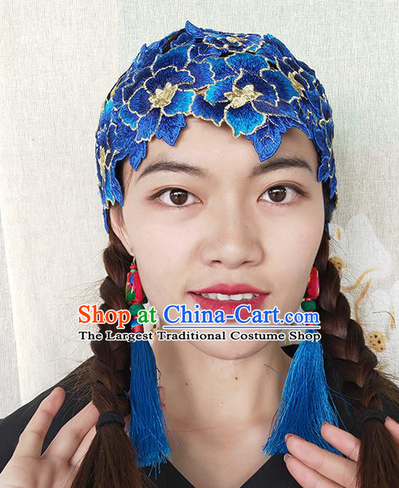 China National Woman Embroidered Royalblue Flowers Hat Handmade Ethnic Folk Dance Headband Yunnan Minority Hair Clasp