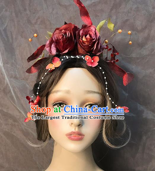 Top Stage Show Red Rose Hair Crown Catwalks Headdress Baroque Bride Hair Accessories