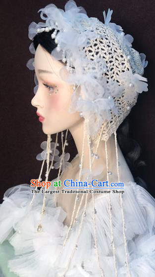 Top Baroque Bride Pearls Tassel Hair Accessories Stage Show White Veil Catwalks Headdress