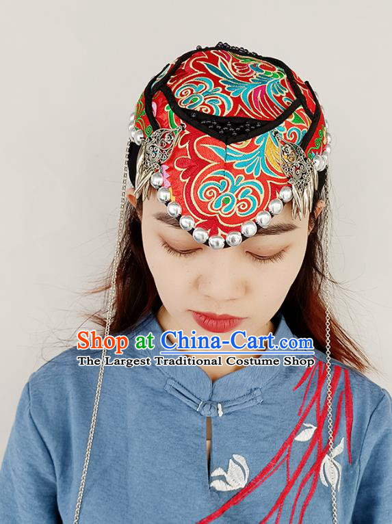 China Ethnic Peacock Dance Hat Handmade Red Cloth Headband Yunnan Minority Woman Embroidered Hair Clasp