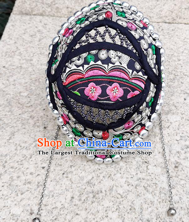 China Handmade Silver Tassel Black Cloth Headband Yunnan Minority Woman Embroidered Hair Clasp Ethnic Peacock Dance Headwear