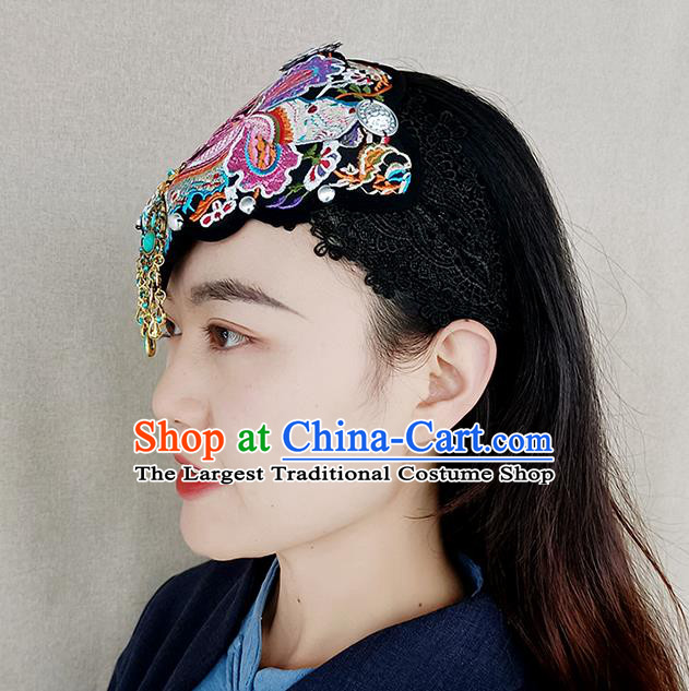 China Ethnic Headwear Handmade Peacock Dance Cloth Headband Yunnan Minority Woman Embroidered Butterfly Hair Clasp