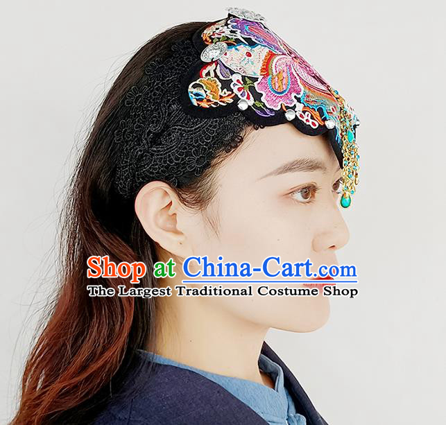 China Ethnic Headwear Handmade Peacock Dance Cloth Headband Yunnan Minority Woman Embroidered Butterfly Hair Clasp