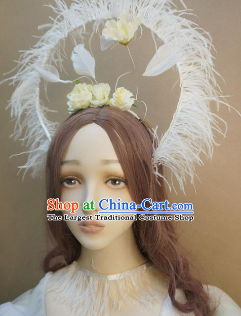 Top Stage Show Headdress Catwalks White Feather Hair Clasp Cosplay Angel Hair Accessories Baroque Giant Hair Crown