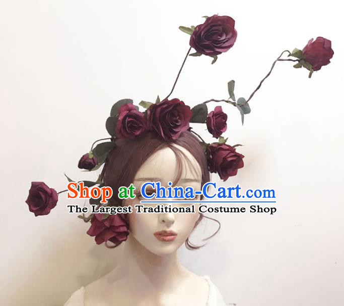 Top Catwalks Dark Red Rose Hair Clasp Cosplay Angel Hair Accessories Gothic Bride Hair Crown Stage Show Giant Headdress