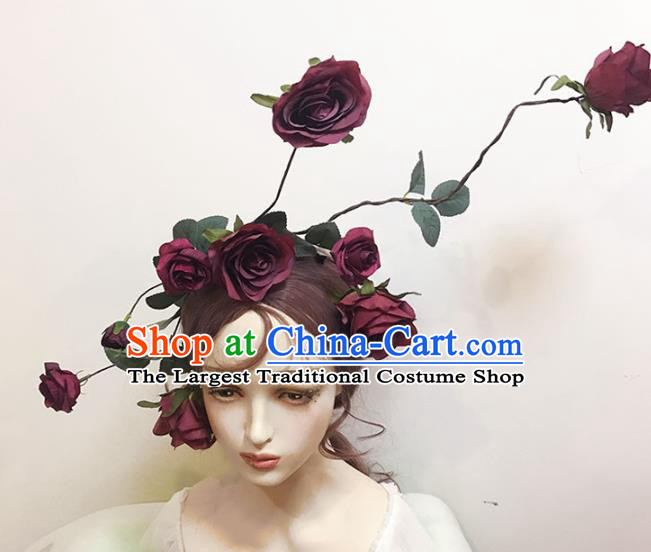 Top Catwalks Dark Red Rose Hair Clasp Cosplay Angel Hair Accessories Gothic Bride Hair Crown Stage Show Giant Headdress