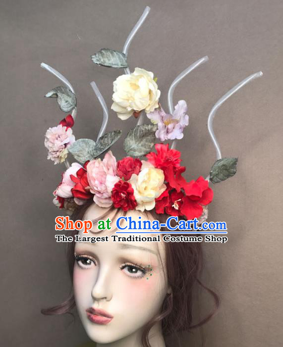 Top Baroque Silk Flowers Hair Crown Stage Show Giant Headdress Catwalks Hair Accessories Cosplay Flowers Fairy Headpiece
