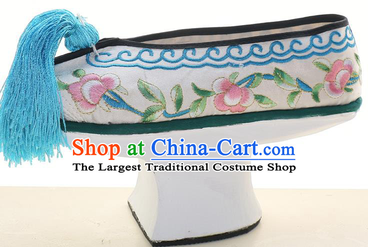 Chinese Qing Dynasty Princess Saucers Shoes Ancient Palace Lady Embroidered White Satin Shoes