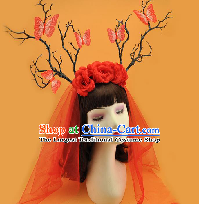 Top Halloween Fancy Ball Hair Clasp Gothic Bride Giant Headdress Cosplay Hair Accessories Christmas Princess Red Rose Hair Crown