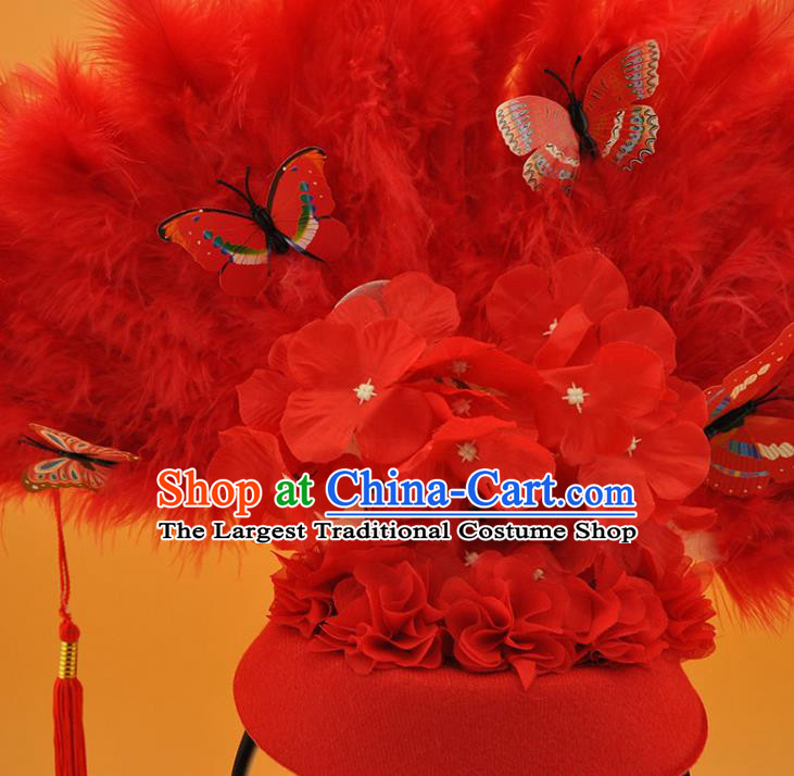 Chinese Catwalks Deluxe Headdress Stage Show Butterfly Tassel Hair Crown Cosplay Court Red Feather Fan Top Hat