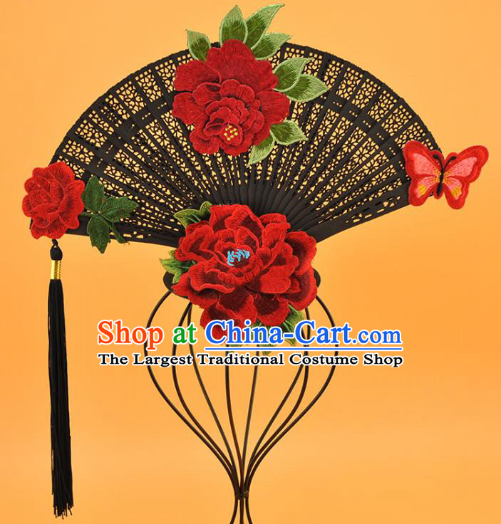 Chinese Cosplay Court Black Fan Top Hat Catwalks Deluxe Headdress Stage Show Embroidered Peony Hair Crown