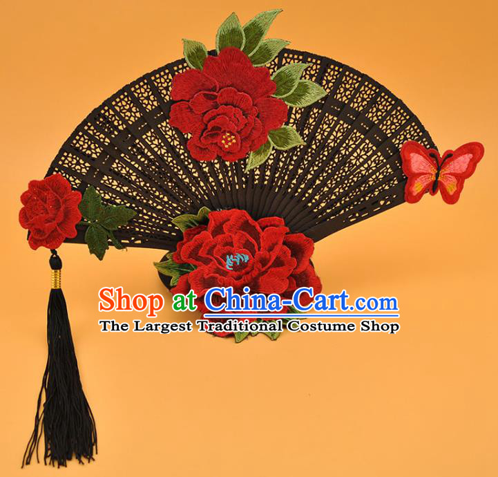 Chinese Cosplay Court Black Fan Top Hat Catwalks Deluxe Headdress Stage Show Embroidered Peony Hair Crown