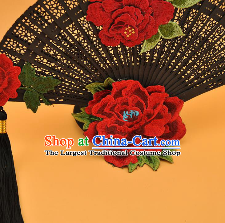 Chinese Cosplay Court Black Fan Top Hat Catwalks Deluxe Headdress Stage Show Embroidered Peony Hair Crown