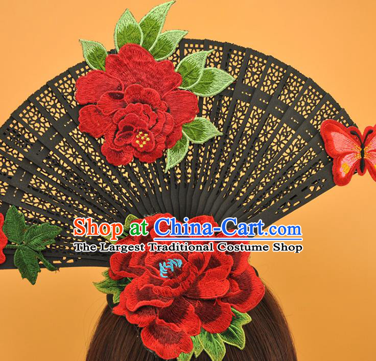 Chinese Cosplay Court Black Fan Top Hat Catwalks Deluxe Headdress Stage Show Embroidered Peony Hair Crown