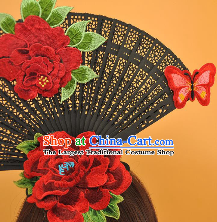 Chinese Cosplay Court Black Fan Top Hat Catwalks Deluxe Headdress Stage Show Embroidered Peony Hair Crown