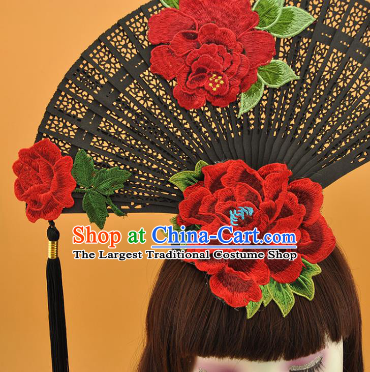 Chinese Cosplay Court Black Fan Top Hat Catwalks Deluxe Headdress Stage Show Embroidered Peony Hair Crown