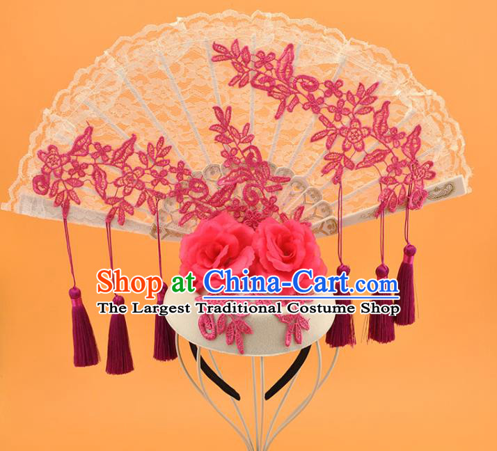 Chinese Catwalks Deluxe Purple Tassel Headdress Stage Show Lace Fan Hair Crown Court Blue and White Porcelain Top Hat