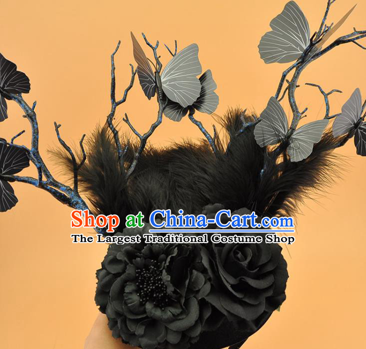 Top Miami Black Butterfly Headdress Cosplay Party Hair Accessories Brazilian Carnival Feather Royal Crown Halloween Fancy Ball Branch Hat